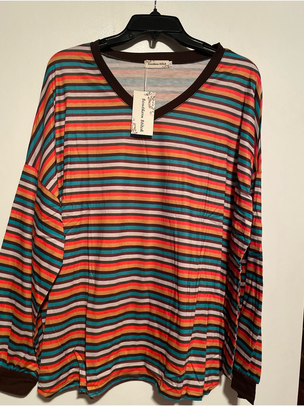 Striped Long-Sleeve V-Neck Top in Multi-Color